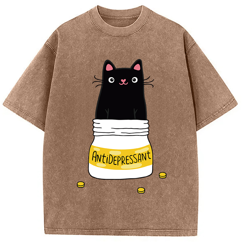 Modecanvas Cute Cat Antidepressant Funny Meme Washed T-Shirt