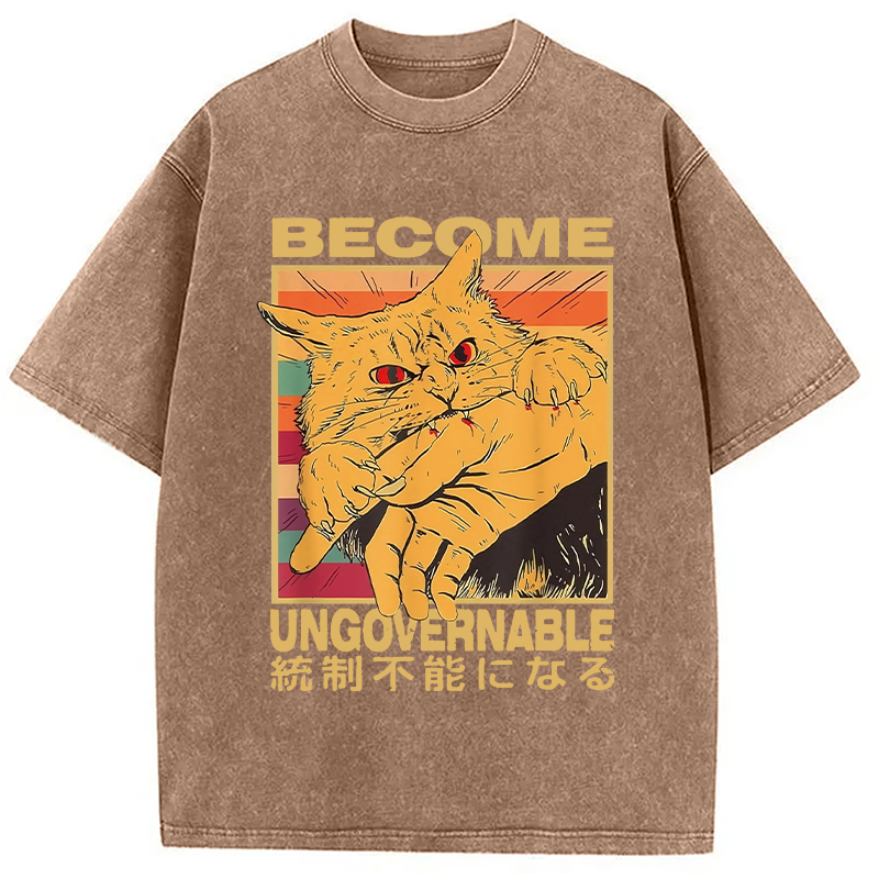 Modecanvas Become Ungovernable Funny Japanese Cat Bite Washed T-Shirt