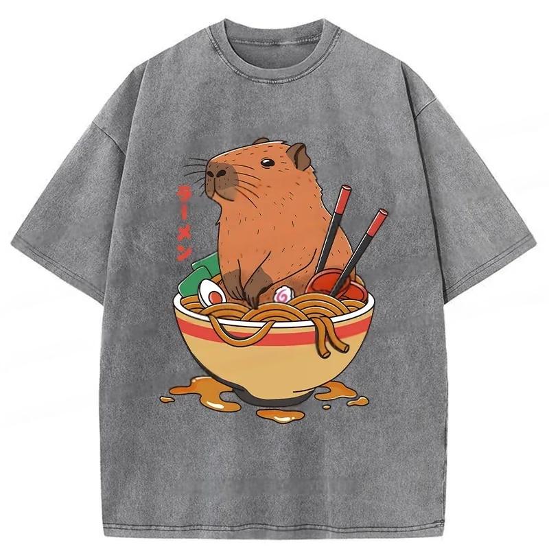 Modecanvas Capybara Ramen Funny Washed T-Shirt-modecanvas