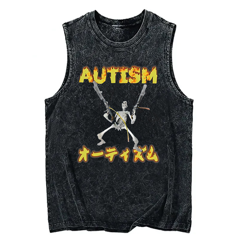 Modecanvas Autism Funny Skeleton DTG Printing Washed Tank-modecanvas