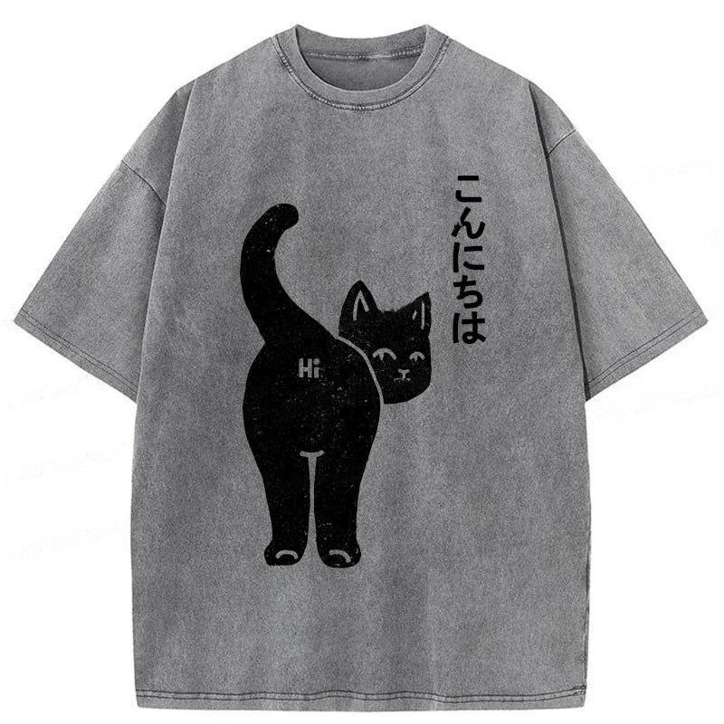Modecanvas Cat Saying Hi Washed T-Shirt