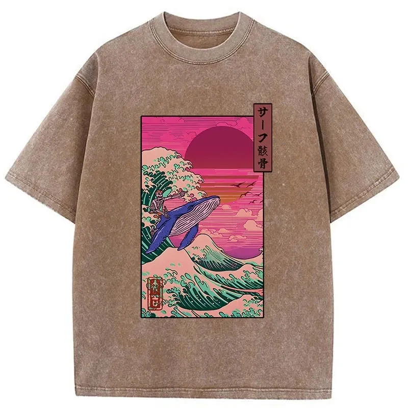 Modecanvas Skeleton Surfing With A Whale Washed T-Shirt
