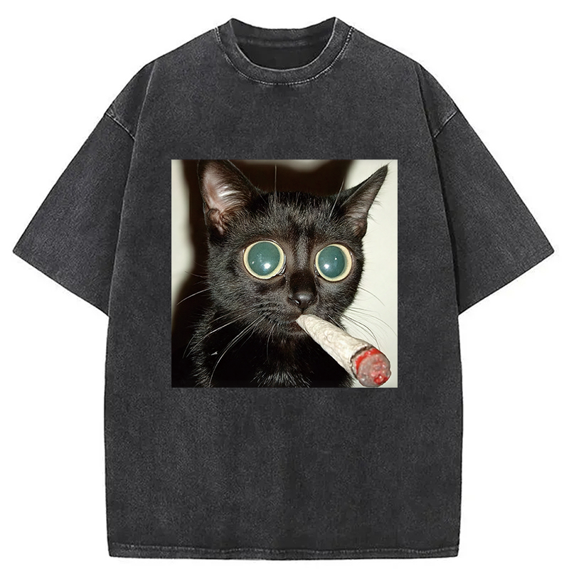 Modecanvas Little Kitten Funny Smoking DTG Printing Washed T-Shirt-modecanvas