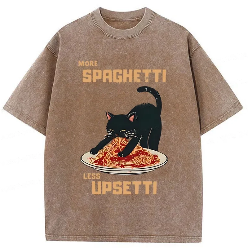 Modecanvas Cat Eating Spaghetti Funny Washed T-Shirt-modecanvas