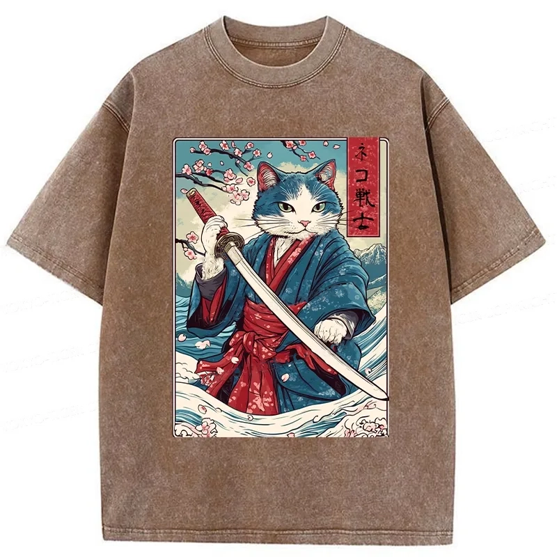 Modecanvas Japanese Cat Samurai Washed T-Shirt