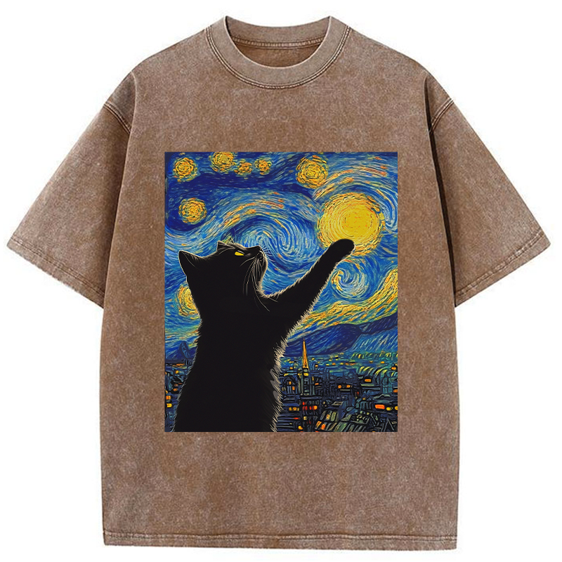 Modecanvas Black Cat Touch The Moon Washed T-Shirt
