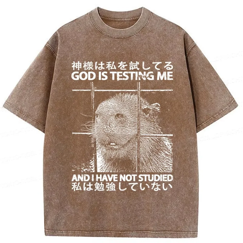 Modecanvas God Is Testing Me Washed T-Shirt-modecanvas
