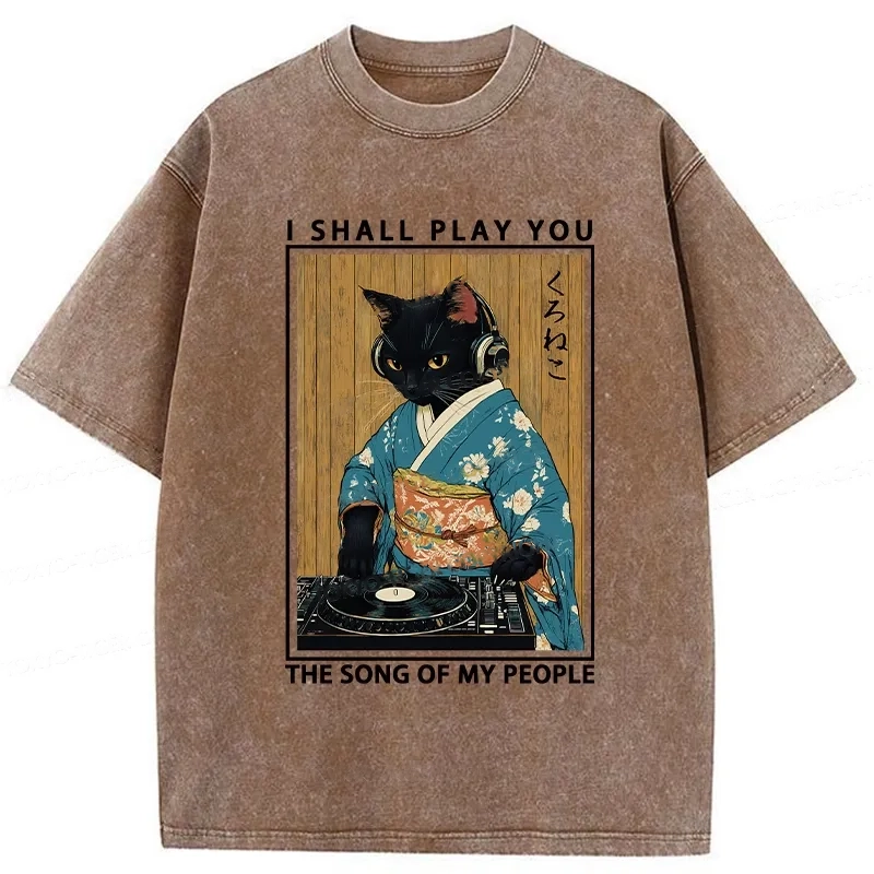 Modecanvas Funny Playing Music Black Cat Washed T-Shirt-modecanvas