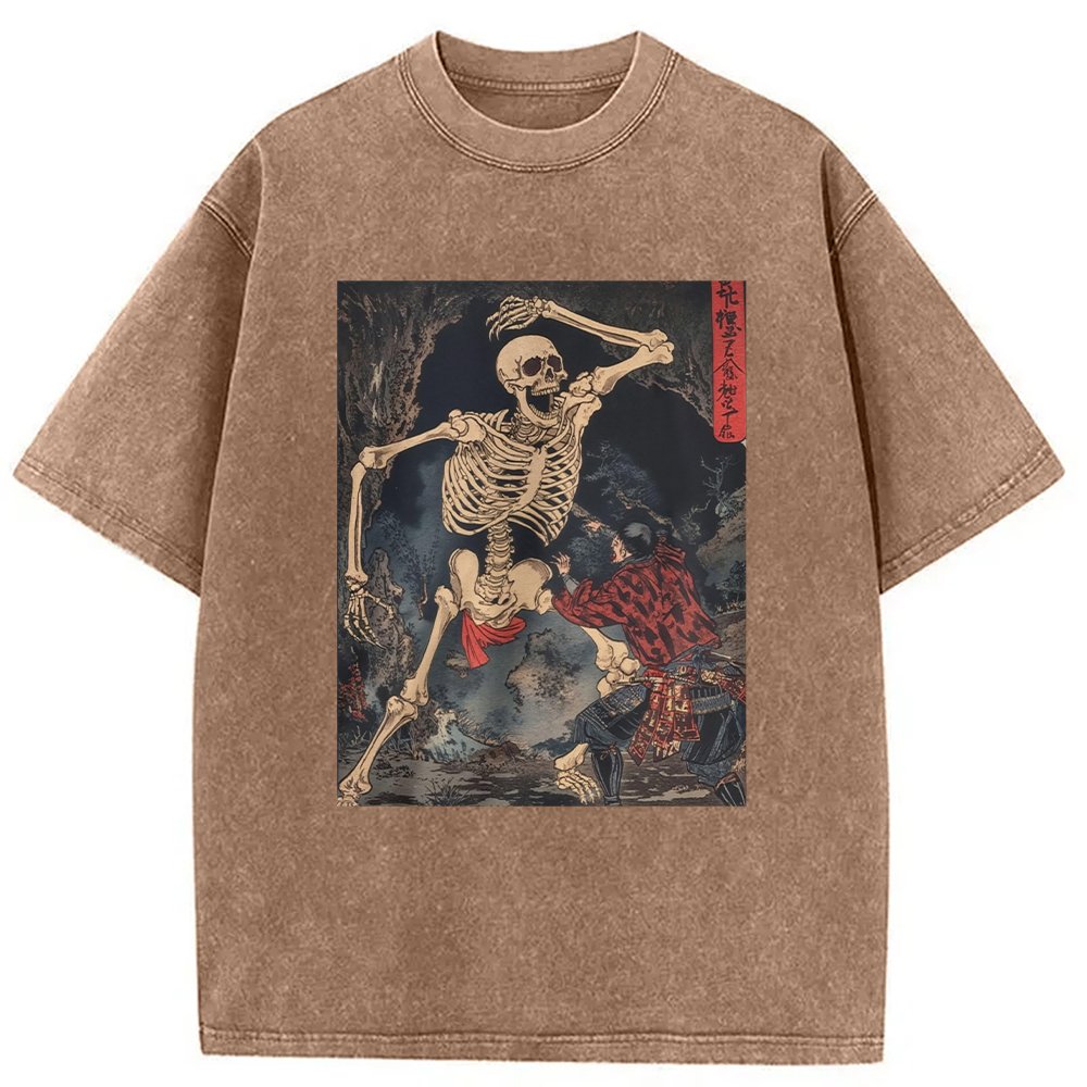Modecanvas Japanese Horror Skeleton DTG Printing Washed T-Shirt-modecanvas