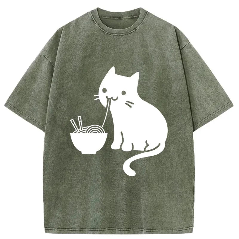 Modecanvas Cat Eating Ramen Japan Washed T-Shirt