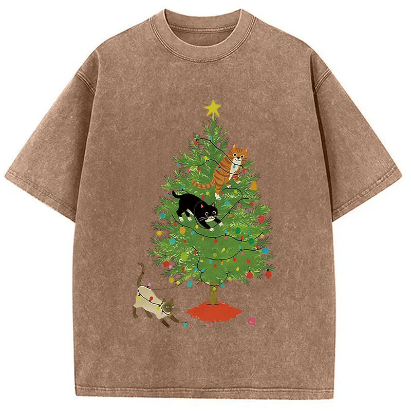 Modecanvas Cats Playing On The Christmas Tree Washed T-Shirt