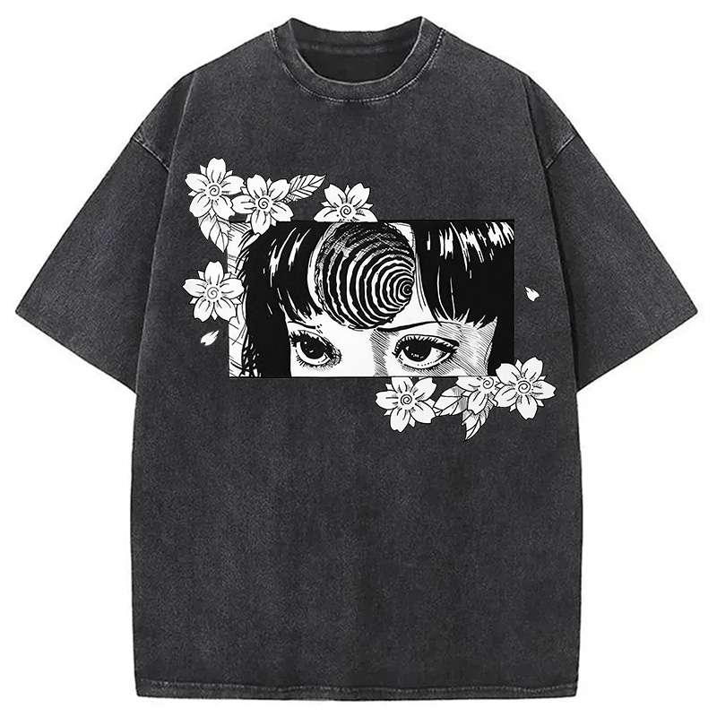 Modecanvas Girl and Flowers DTG Printing Washed T-Shirt-modecanvas