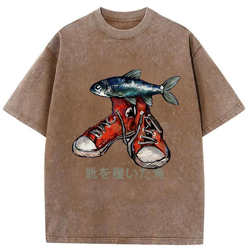 Modecanvas Fish Wearing Shoes Washed T-Shirt