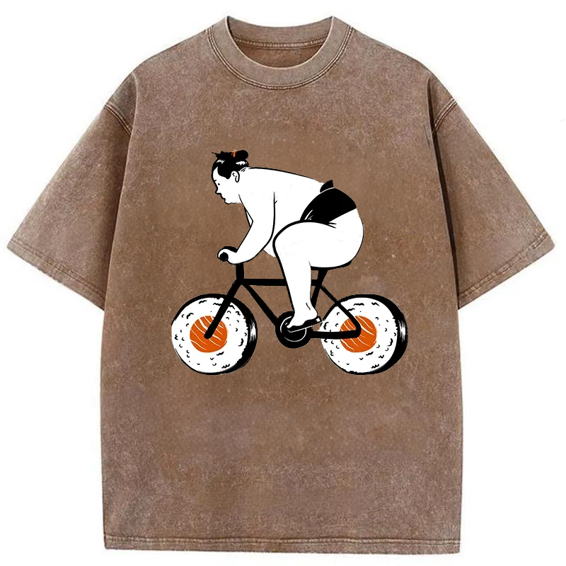 Modecanvas Sumo Riding A Sushi Bike Washed T-Shirt