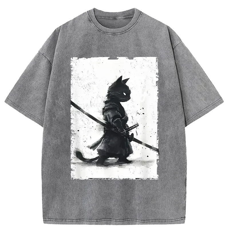 Modecanvas Retro Cat Samurai Japanese Washed T-Shirt-modecanvas