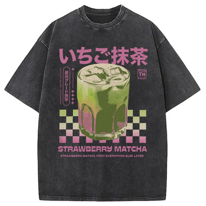Modecanvas Strawberry Matcha Drink Washed T-Shirt