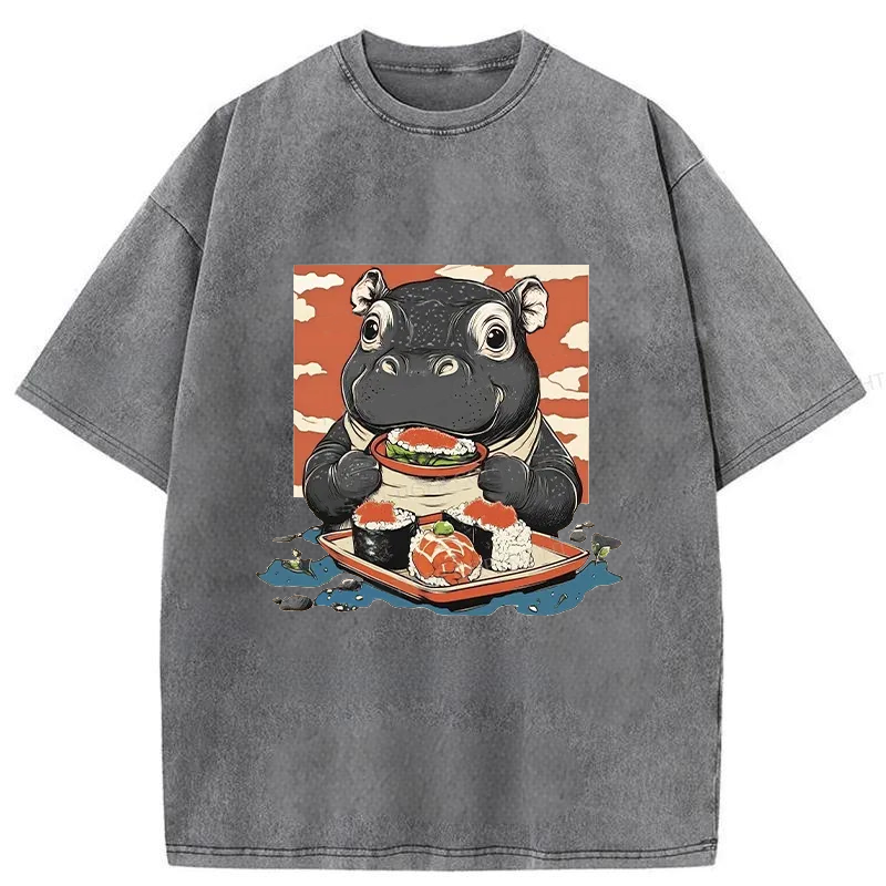 Modecanvas Moo Deng Eat Sushi Washed T-Shirt