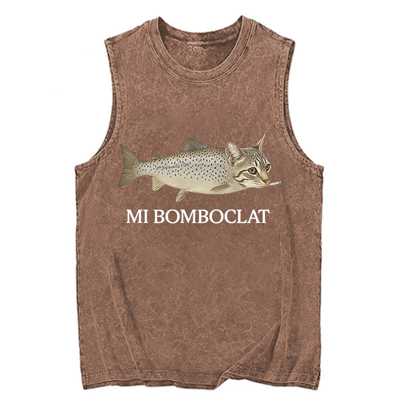 Modecanvas Bomboclat Fish Cat Meme DTG Printing Washed Tank-modecanvas