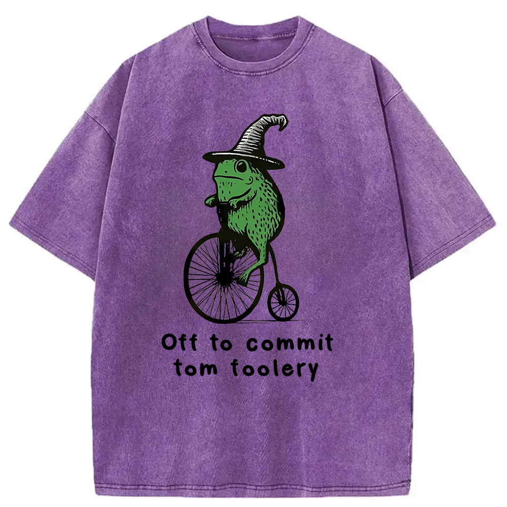 Modecanvas Frog Riding Penny-farthing Washed T-Shirt-modecanvas