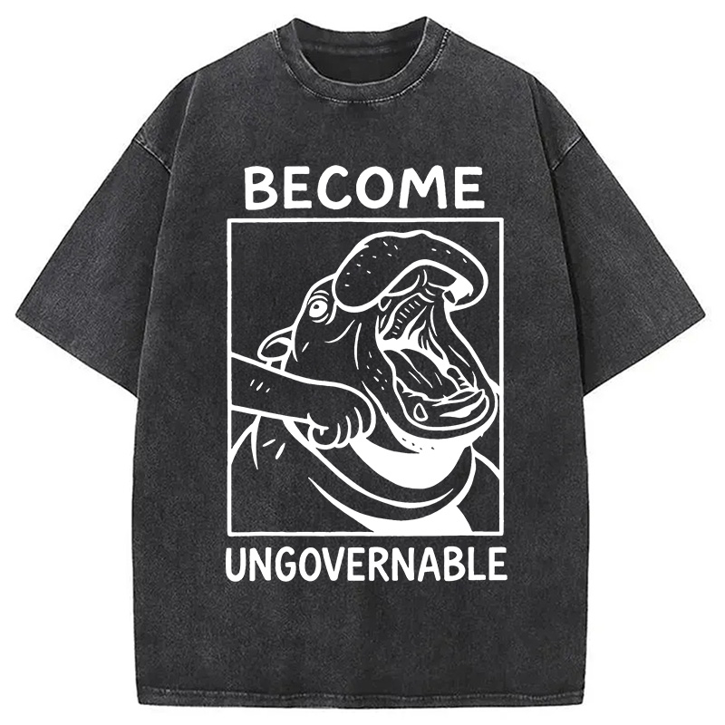 Modecanvas Become Ungovernable Funny Hippo Meme Washed T-Shirt
