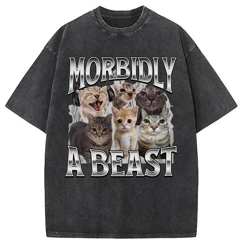 Modecanvas Morbidly A Beast Cat Meme Washed T-Shirt