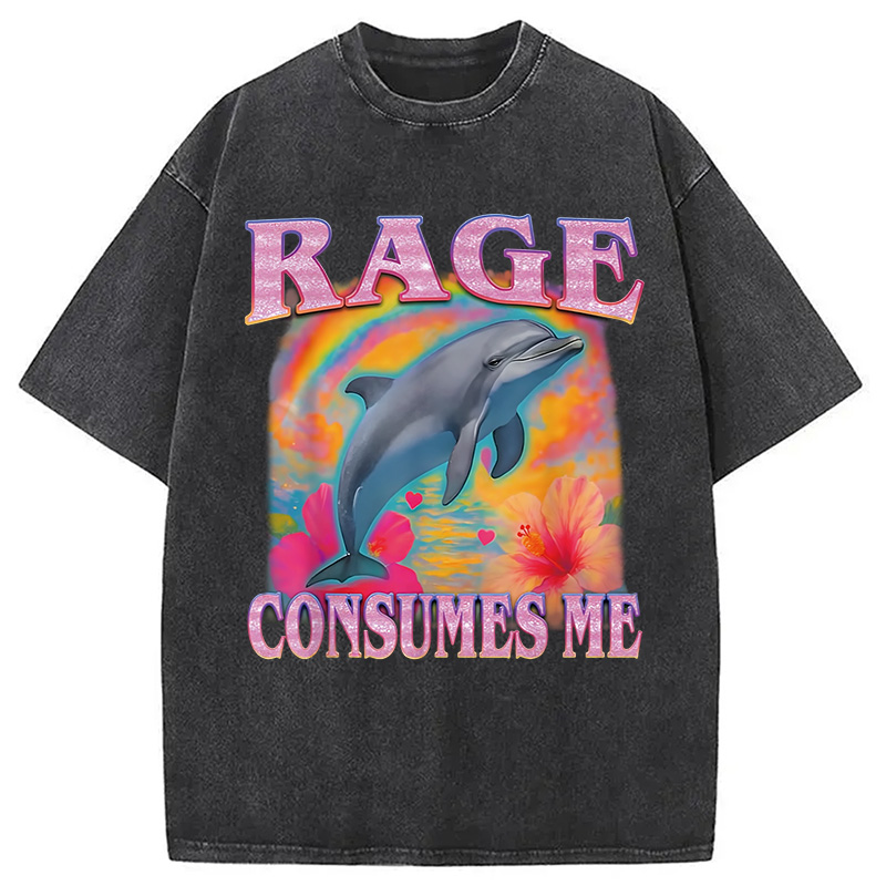 Modecanvas Rage Consumes Me Dolphin Meme Washed T-Shirt