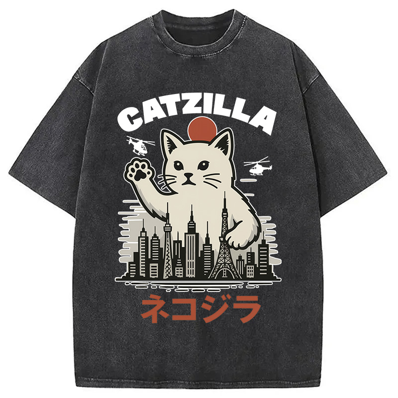 Modecanvas Feline Fury Over Tokyo Washed T-Shirt