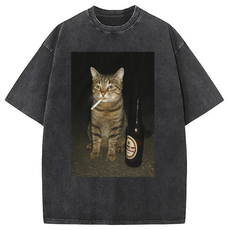 Modecanvas Vintage Cigarette Kitty Meme Washed T-Shirt-modecanvas
