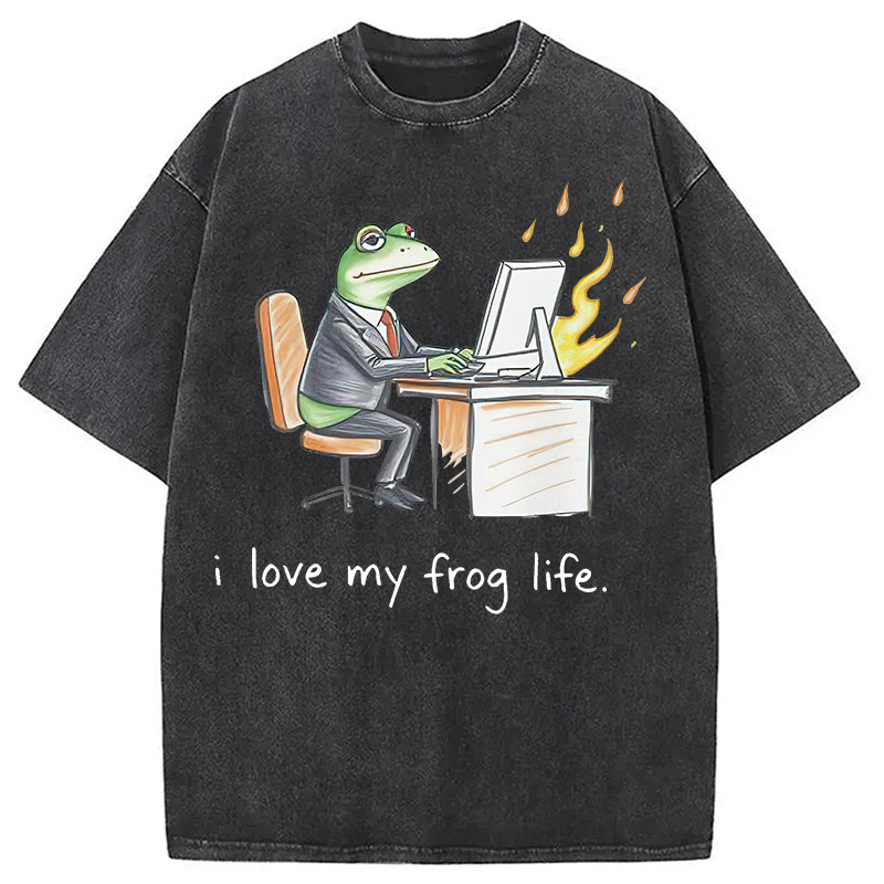 Modecanvas Office Burnout Funny Frog Meme Washed T-Shirt