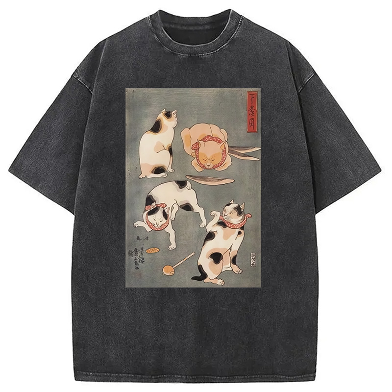 Modecanvas Japanese Four Cats Ukiyo-e Washed T-Shirt