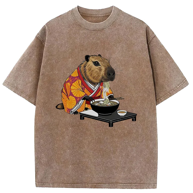 Modecanvas Cute Capybara Eating Ramen Washed T-Shirt