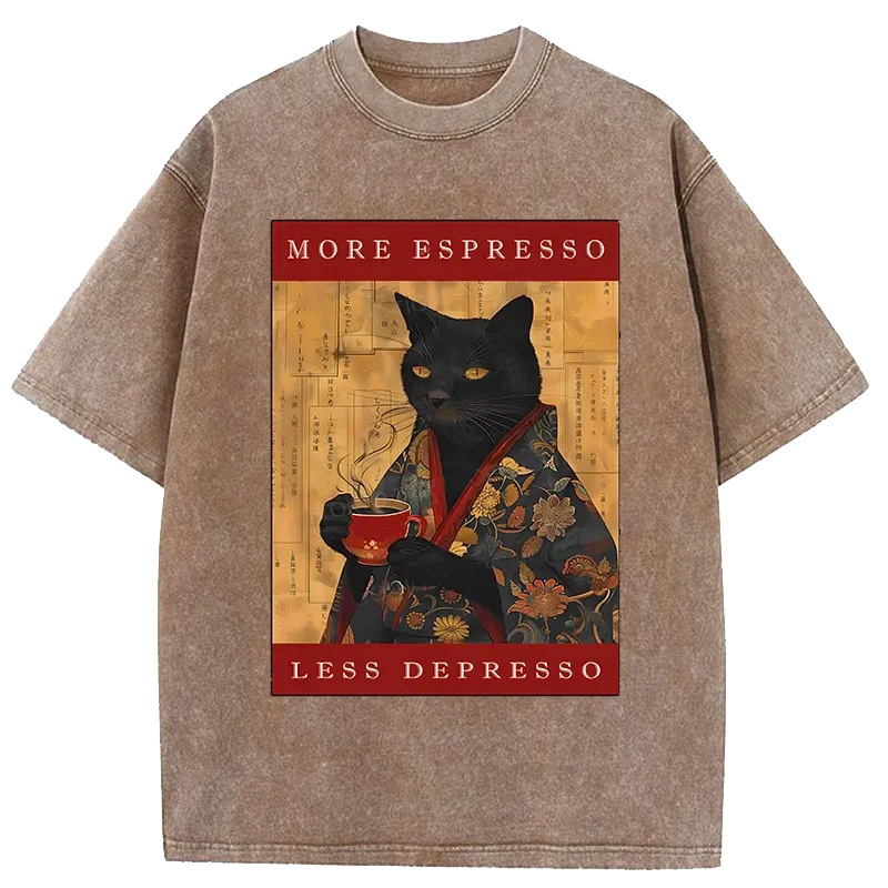 Modecanvas More Espresso Less Depresso Cat Washed T-Shirt