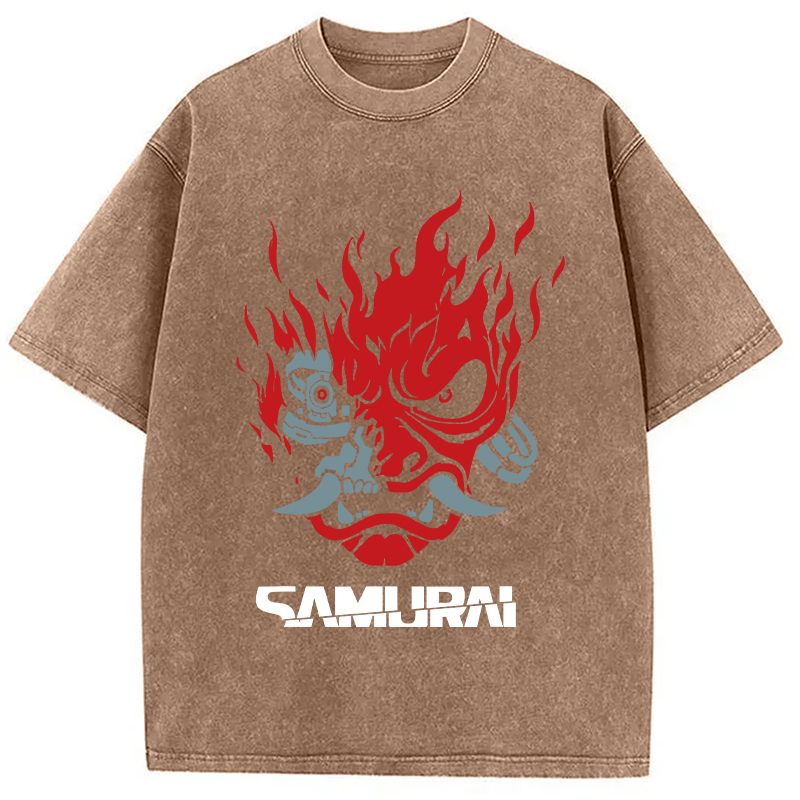 Modecanvas Vintage Samurai Retro Japanese DTG Printing Washed T-Shirt-modecanvas