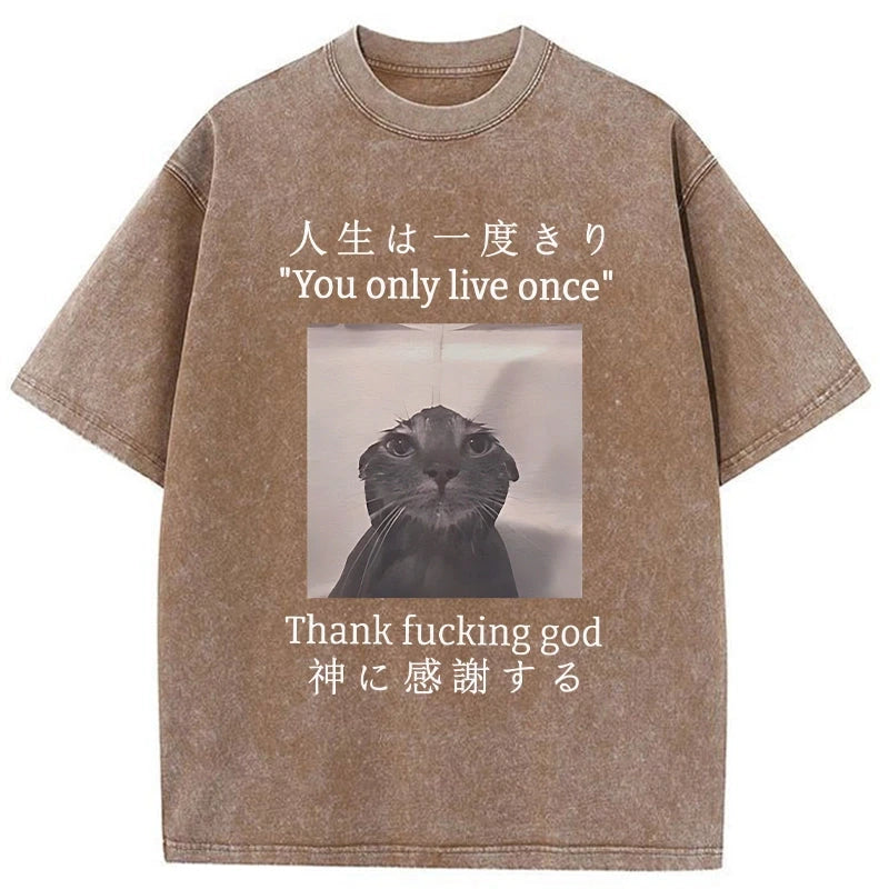 Modecanvas Funny Melancholy Cat Washed T-Shirt-modecanvas