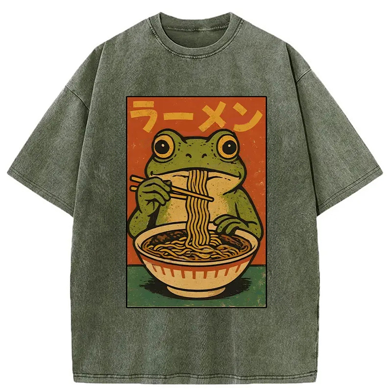 Modecanvas Frog Eating Ramen Retro Washed T-Shirt