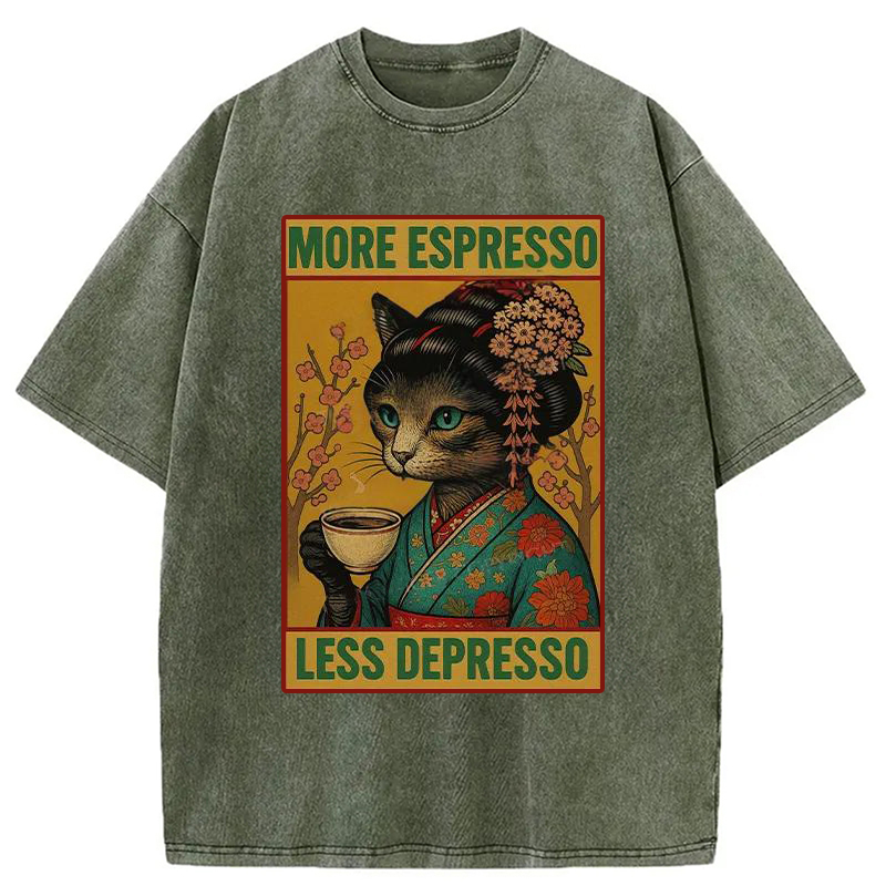 Modecanvas Geisha Cat Drinking Coffee Washed T-Shirt