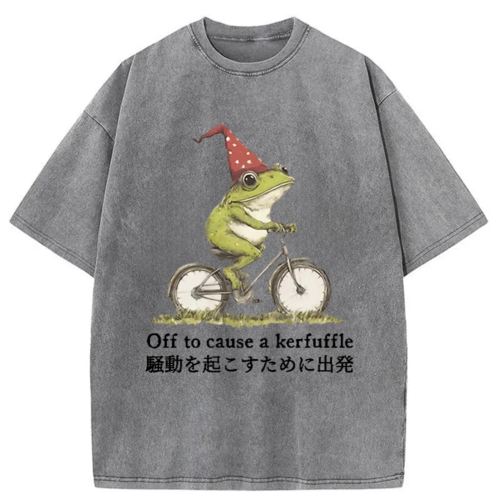 Modecanvas Frog Riding A Bicycle Washed T-Shirt