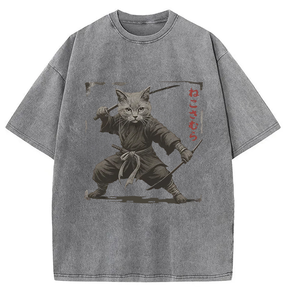 Modecanvas Handsome Cat Samurai Washed T-Shirt