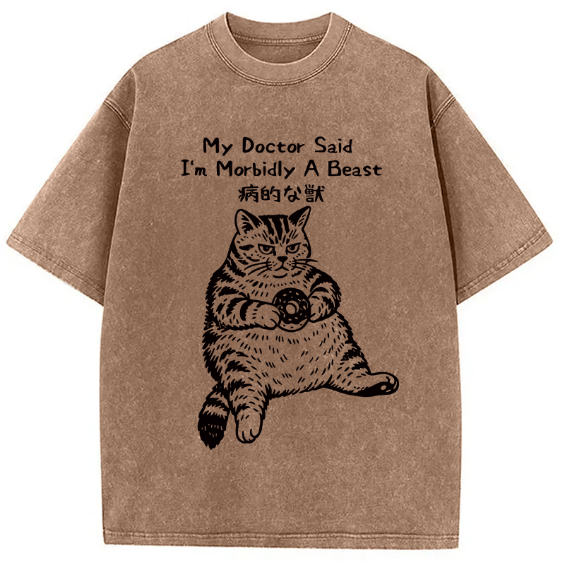 Modecanvas Lazy Fat Cat Washed T-Shirt-modecanvas