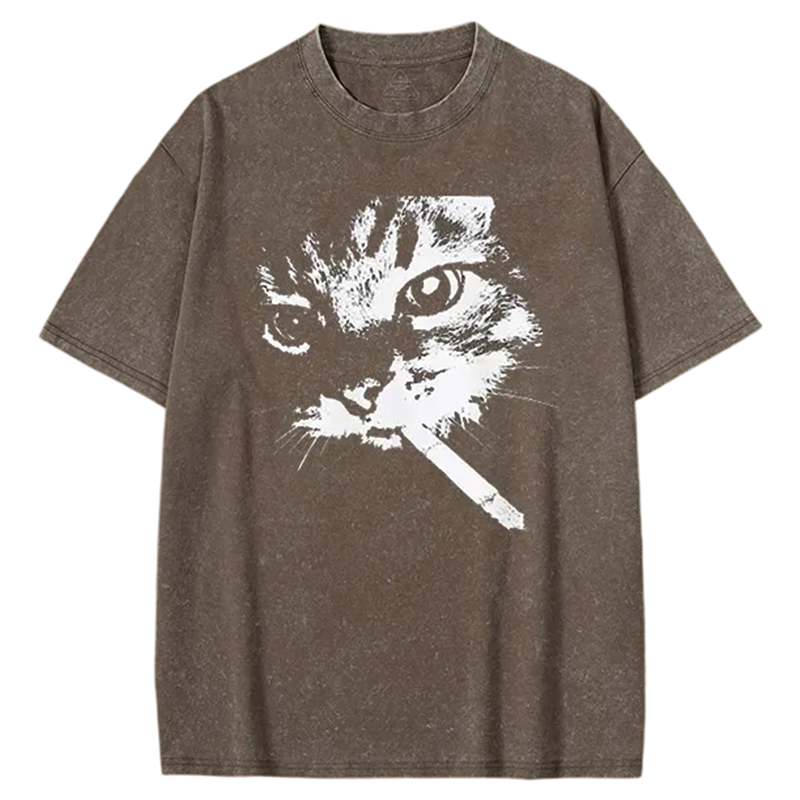 Modecanvas Funny Cat Meme Washed T-shirt-modecanvas
