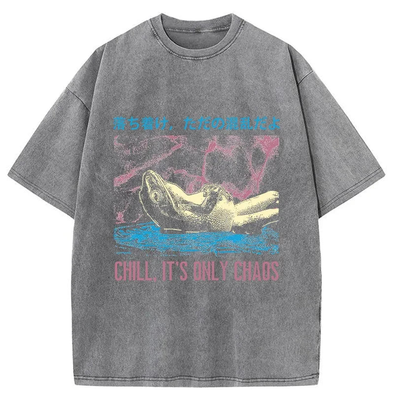 Modecanvas Stay Calm Frog Japanese DTG Printing Washed T-Shirt-modecanvas
