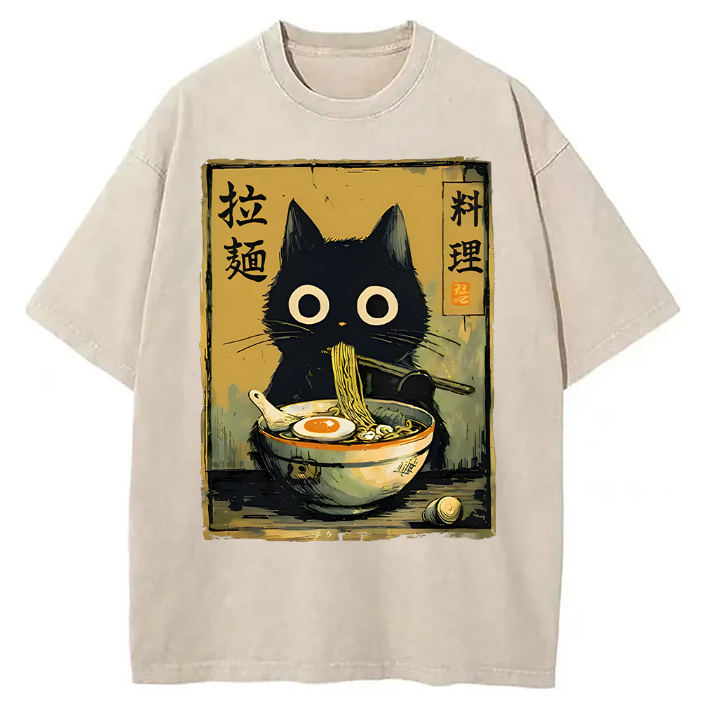 Modecanvas Cute Black Cat Eating Ramen Washed T-Shirt-modecanvas