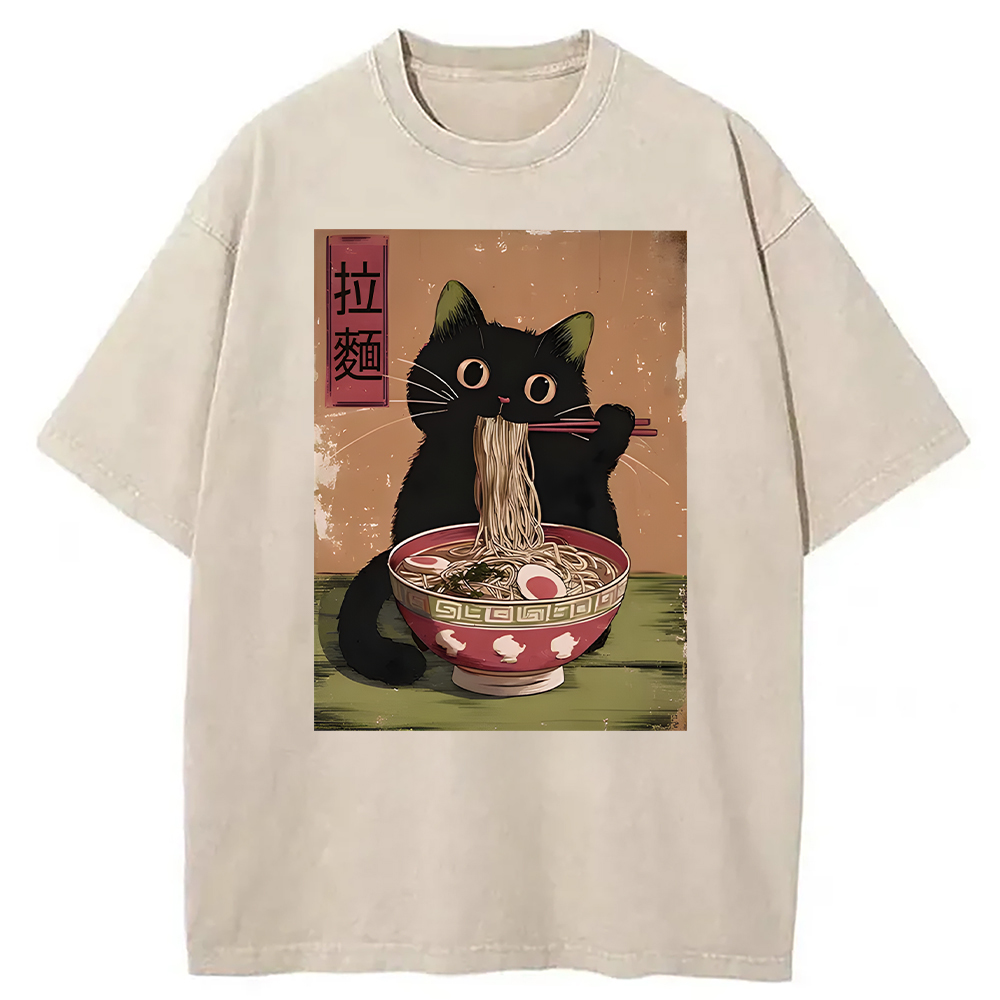 Modecanvas Vintage Japanese Cat Washed T-Shirt
