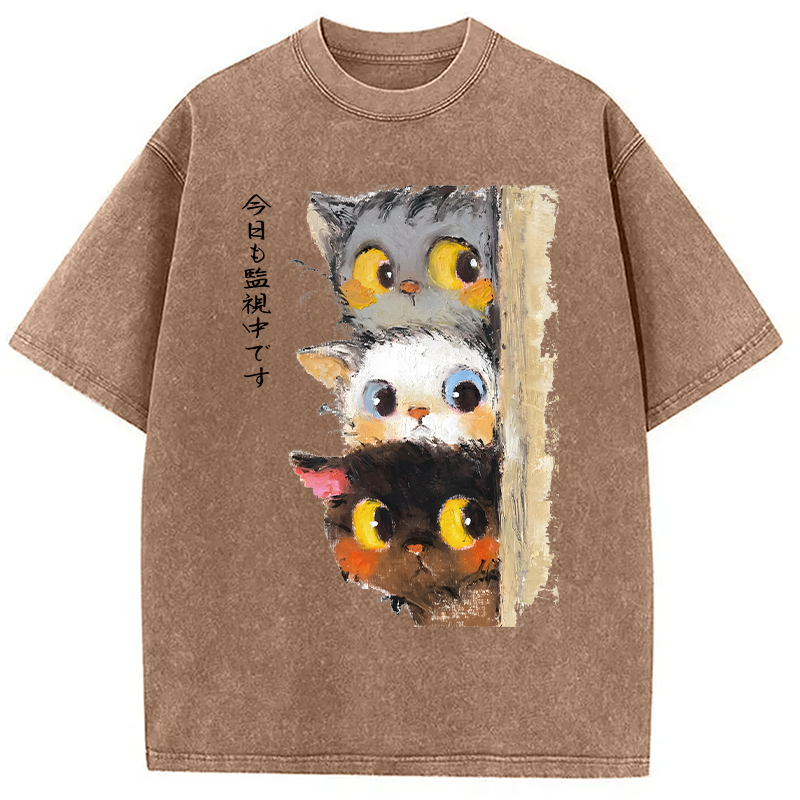 Modecanvas Three Cats Secretly Monitor Washed T-Shirt