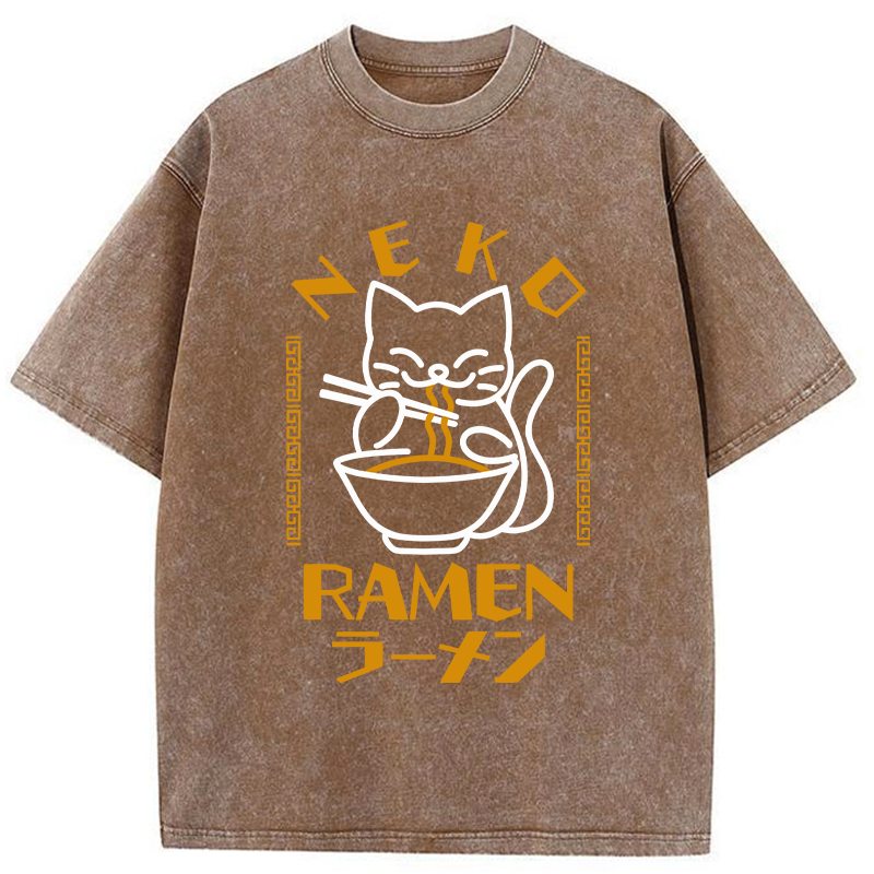 Modecanvas Cat Obsessed With Ramen Washed T-Shirt-modecanvas