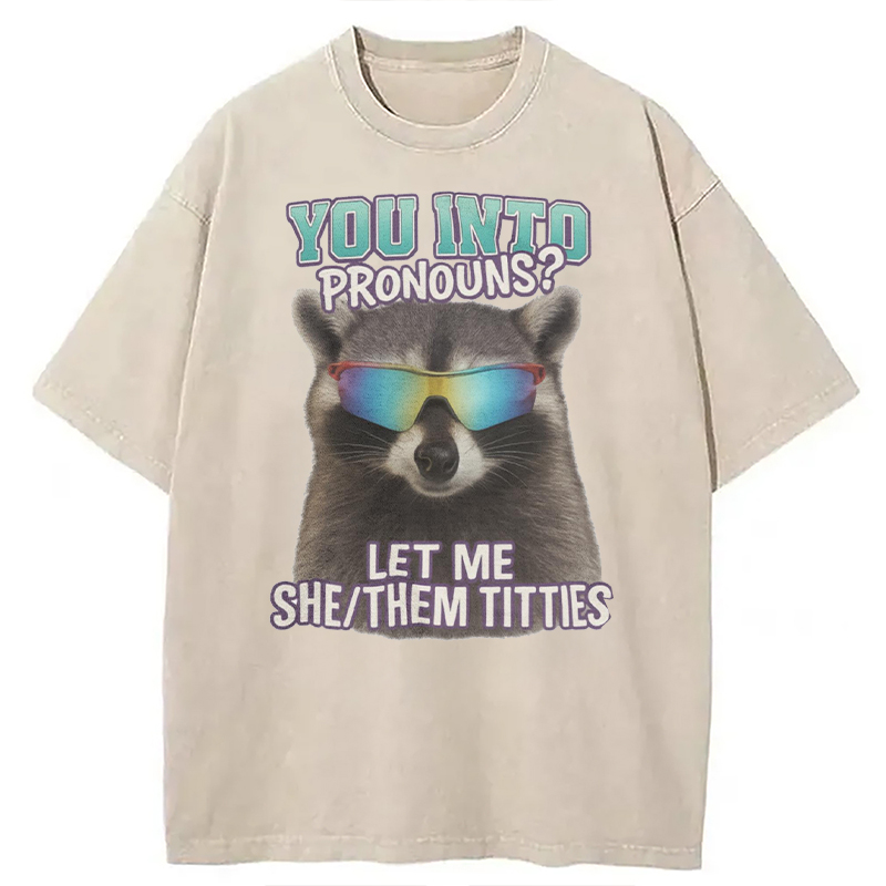 Modecanvas You Into Pronouns? Let Me She/Them Titt*es Raccoon DTG Printing Washed T-Shirt