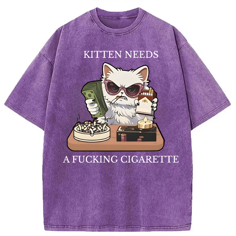 Modecanvas Kitten Needs A Fucking Cigarette DTG Printing Washed T-Shirt