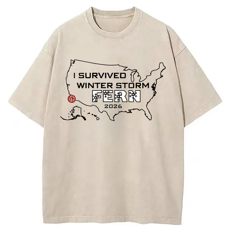Modecanvas I Survived Winter Storm Fern 2026 DTG Printing Washed T-Shirt