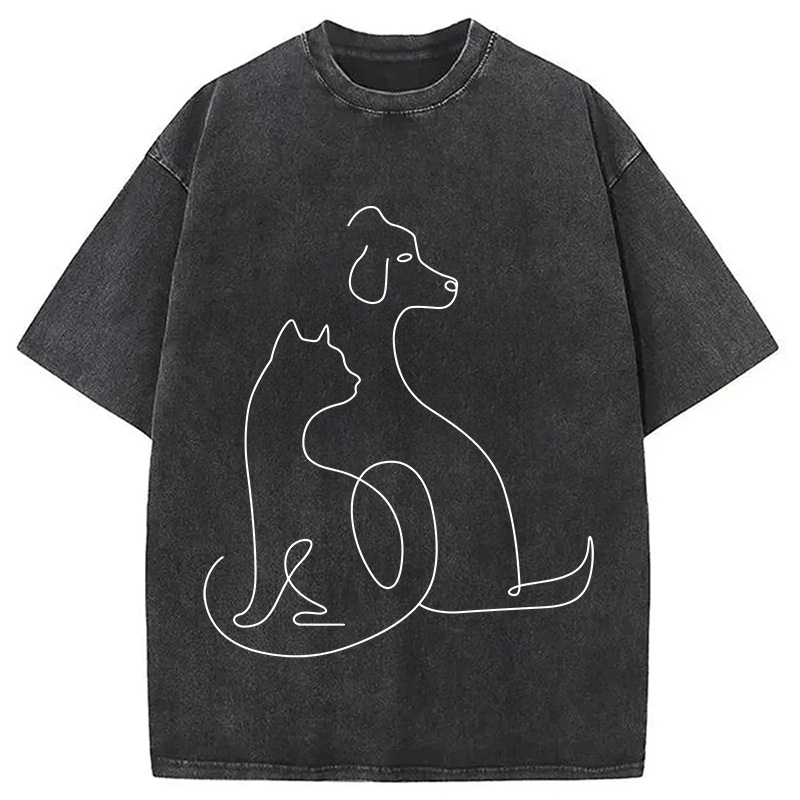 Modecanvas Minimalist Cat and Dog DTG Printing Washed T-Shirt