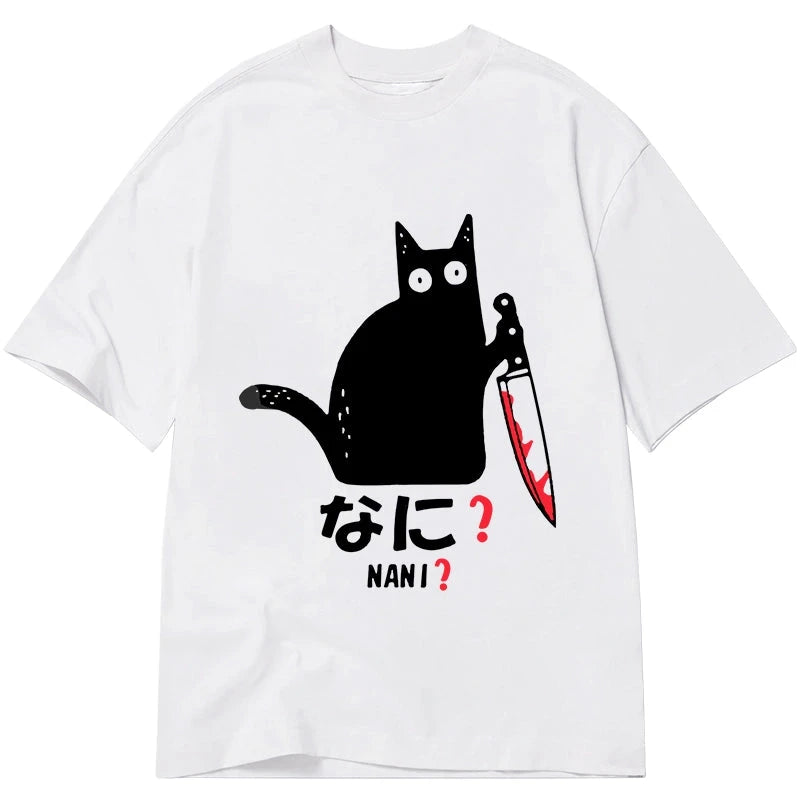 Modecanvas A Puzzled Cat Holding A Knife DTG Printing Classic T-Shirt-modecanvas